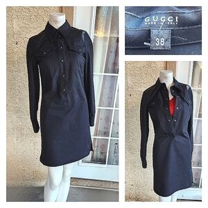 TOM FORD GUCCI‎ LONG SLEEVE MILITARY LEATHER DETAIL COLLARED DRESS